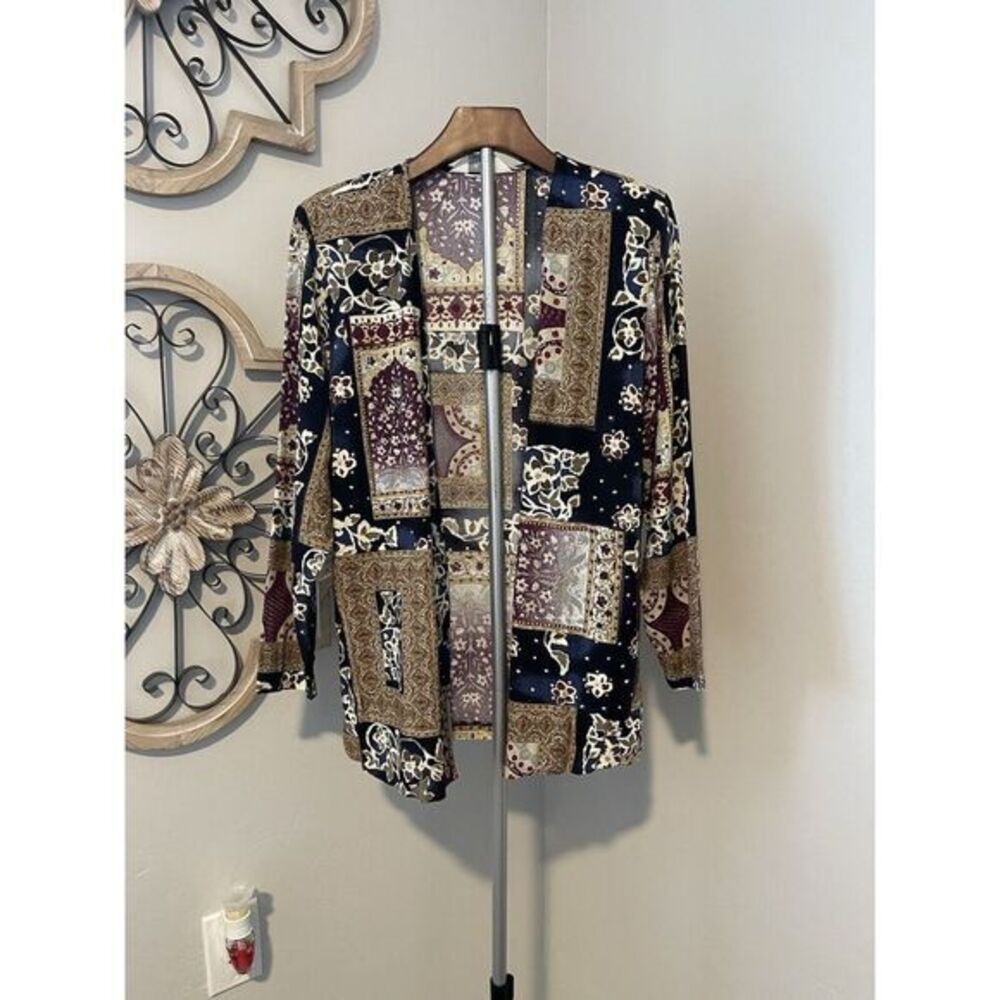 Blair Boutique Button Jacket Long Sleeve Blue Beige Geometric Design Sz Large